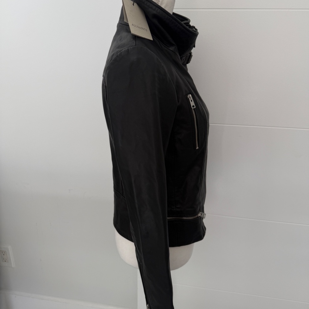All Saints Black Leather Cropped Bomber High Neck Jacket US 6 - Picture 5 of 11